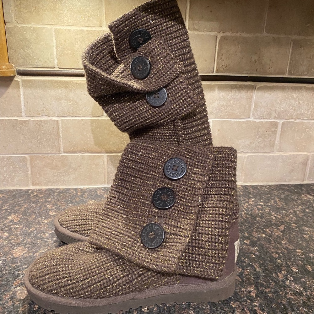 UGG Brown/Gold Knit Button Boots
